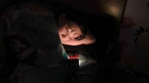 Child reading under a blanket with a flashlight at night in a cozy bedroom setti Stock Footage 330156253