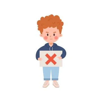 Child with red cross sign of wrong choice or mistake, flat vector isolated. Illustrazione stock