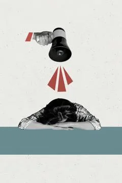 Child resting head on table with megaphone above Stock Photos