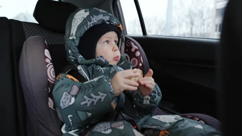 A child rides in a car and eats a cookie, looks out the window, into the camera 動画素材 201295610