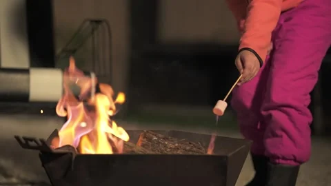 Child Roasting Marshmallow Over Evening Fire Pit Stock Footage 339754076