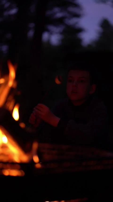 Child roasts marshmallow over campfire at night in family camping scene Video stock 340933106