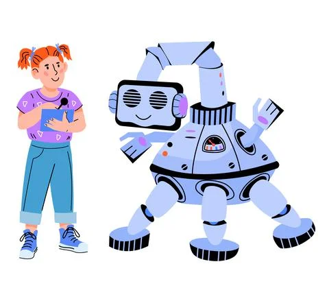 Child robotics with child controlling robot, flat vector illustration isolate Illustrazione stock