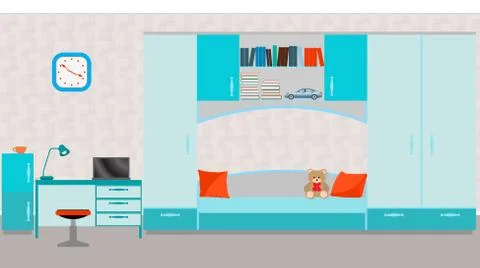 Child room interior with bed, table, laptop, books,toys and wall Stock Illustration