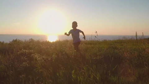 Child run in the field at sunset. Slowmotion Stock Footage 89755988