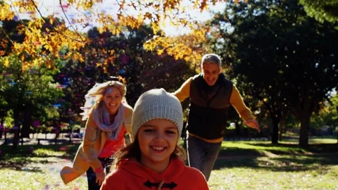 Child running to camera in park, adults chasing child, for family ad with leaves Stock Footage 334000030