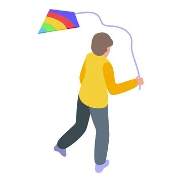 Child running with kite on string isometric illustration Stock Illustration