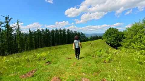 Child running on a mountain path near mount aldura Stock Footage 308259661