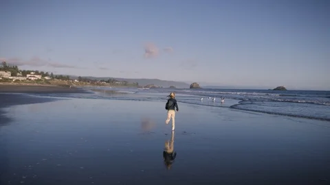 Child running on Pebble Beach in Crescent City, California V3 Vidéo 90912868