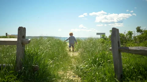Child Running Through Grass Field Towards Beach Stock Footage 236402501