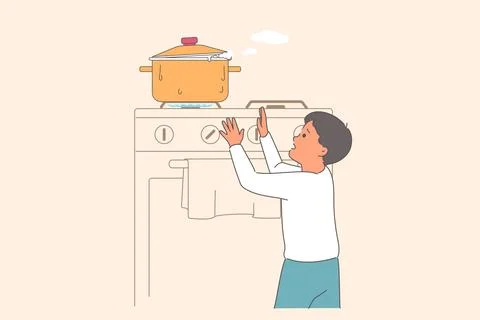Child runs risk of getting burned and injured by reaching for pot, located on Stock-Illustration