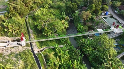 Child runs on a small cable-stayed suspension bridge in Java. Stock Footage 339306050