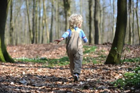 Child runs through forest Stock Photos