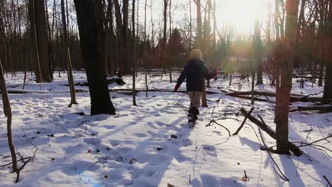 Child runs through snowy forest with a stick on a sunny day Stock Footage
