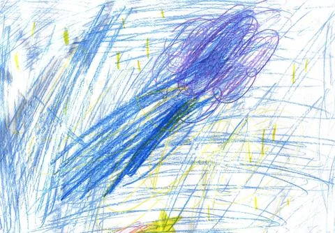 Child s Imaginative Drawing Abstract Blue and Purple Shapes with Yellow Acc.. Stock Illustration