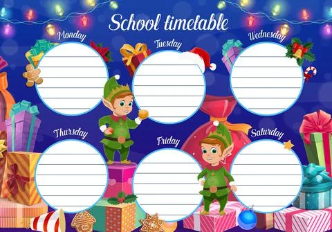 Child school timetable template with Christmas elf Stock Illustration