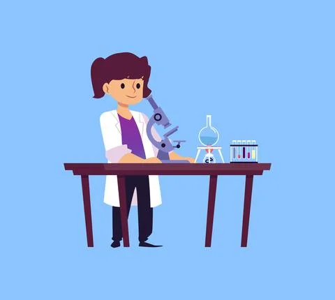Child scientist behind desk with microscope, flat vector illustration isolated. Stock Illustration