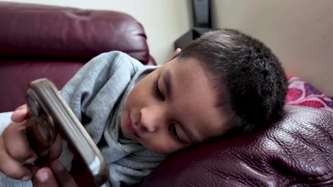 Child Screen Time, Young Boy Using Smartphone On Sofa Stock Footage 334452868