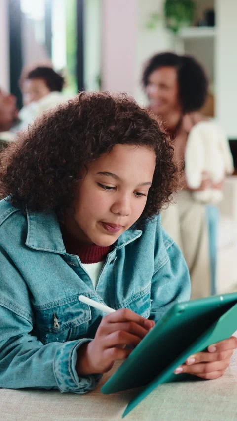 Child, scroll and elearning with tablet in home, growth and skill development Stock Footage 335852741