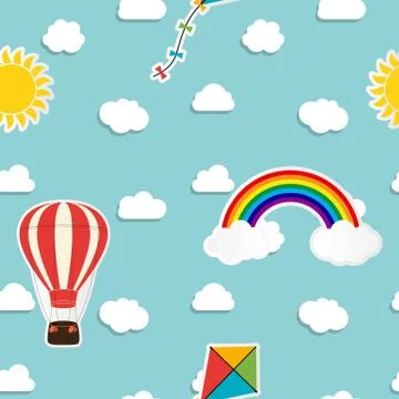 Child seamless pattern background with rainbow, sun, cloud, kite and balloon. Stock Illustration