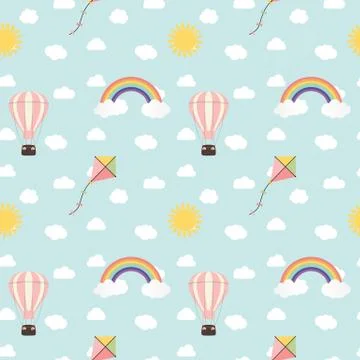 Child seamless pattern background with rainbow, sun, cloud, kite and balloon. Stock Illustration