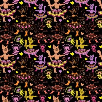 Child seamless pattern with cute dancing cats in doddle style. Illustrazione stock