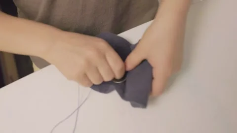 Child Sewing Side Angle, concept of home craft education Stock Footage 348211814