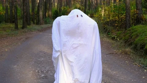 A child in sheets with cutout for eyes like a ghost costume dancing in an aut Video stock 219383727