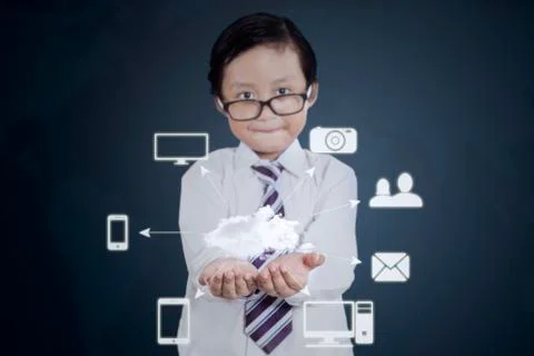 Child showing cloud computing icon 写真素材