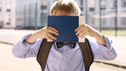  The child shows different emotions in the background of the school. A schoolboy Stock Footage 79168329