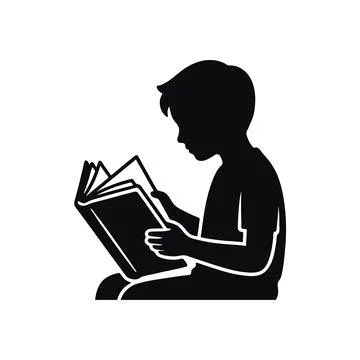 Child silhouette sitting down and reading an open book with quiet time Stock Illustration