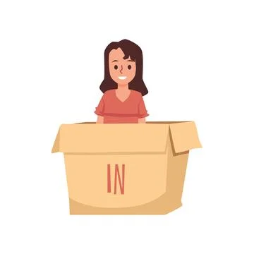 Child sits in box with written In preposition, flat vector illustration isolated Stock Illustration