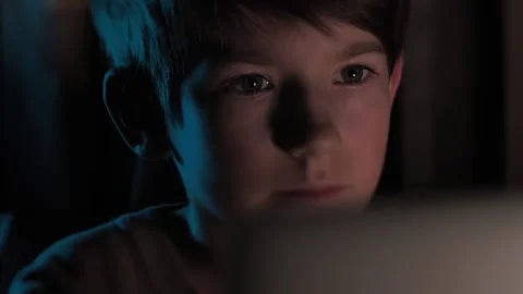 A child sits in the dark at a computer. Stock Footage 221854443