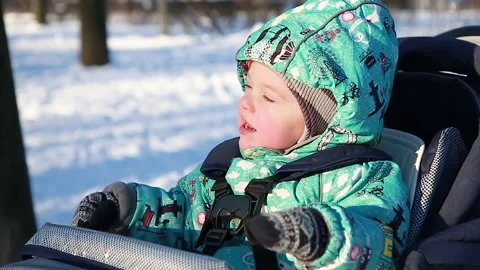 A child sits in a stroller in a winter park Stock Footage 149756969
