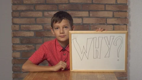 Child sitting at the desk holding flipchart with lettering why on the background Stock Footage 108336888