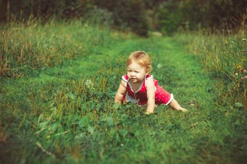 The child is sitting on the grass Stock Photos
