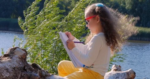 Child is sitting on a log makes the drawing in the open air at sunset. Stock Footage 112305171