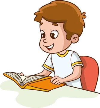 Child sitting at the table reading a book Stock Illustration