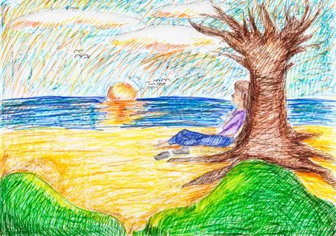 Child sitting under bare tree on beach in evening 스톡 일러스트