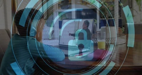 Child sitting viewing tutor on laptop speaking as HUD rings forming into lock Stock Footage 330380420