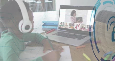 Child sitting writing notes for remote class laptop session starting UI padlock Stock Footage 330653171