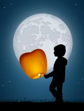 Child with sky lanterns Stock Illustration