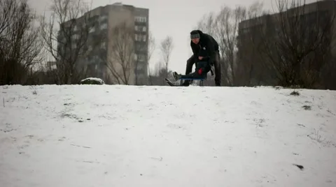 Child Sledding on Hill, Kid Playing, Sledging in Park in Winter Stock Footage 59592498