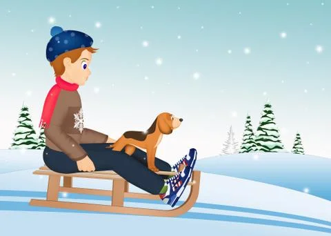 Child on sleigh with dog in winter Illustrazione stock