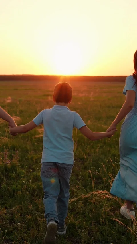 Child son dad mom run together holding hands, green meadow sunset. Family Stock Footage 307789477