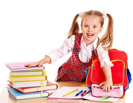 Child with stack book. Foto stock