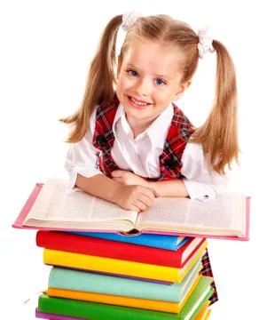Child with stack book. Foto stock