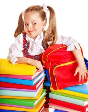 Child with stack book. Foto stock
