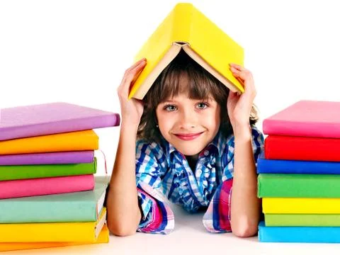 Child with stack of books. 스톡 사진