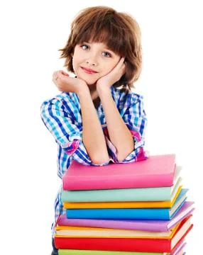 Child with stack of books. Foto stock